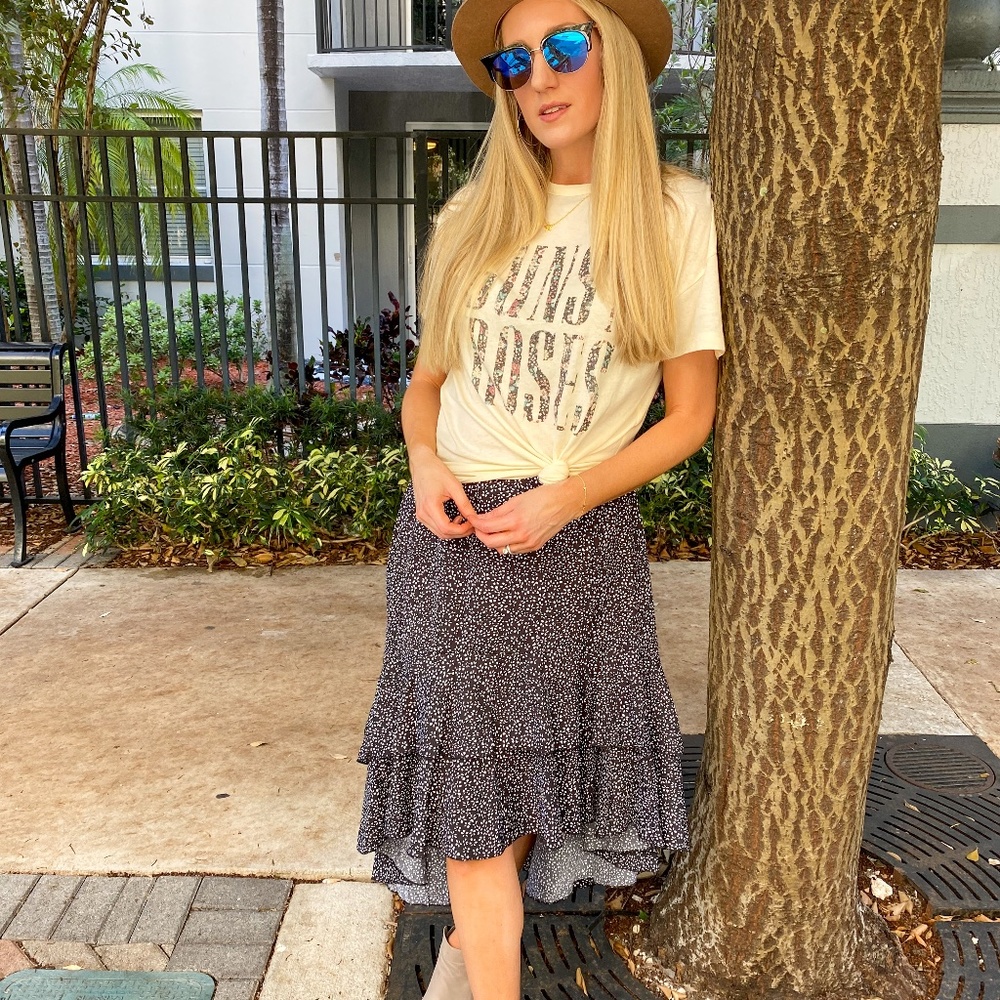 Black and White Floral Midi Skirt